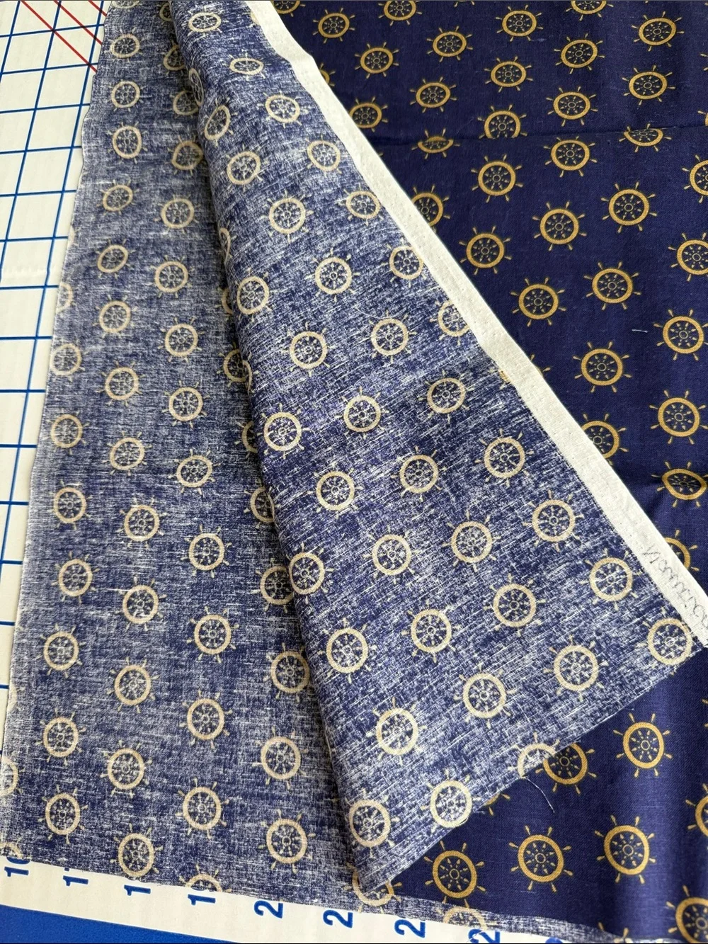 Vintage Joan Pace Baker Nautical Prints Cotton Fabric Ship Wheel Navy Gold